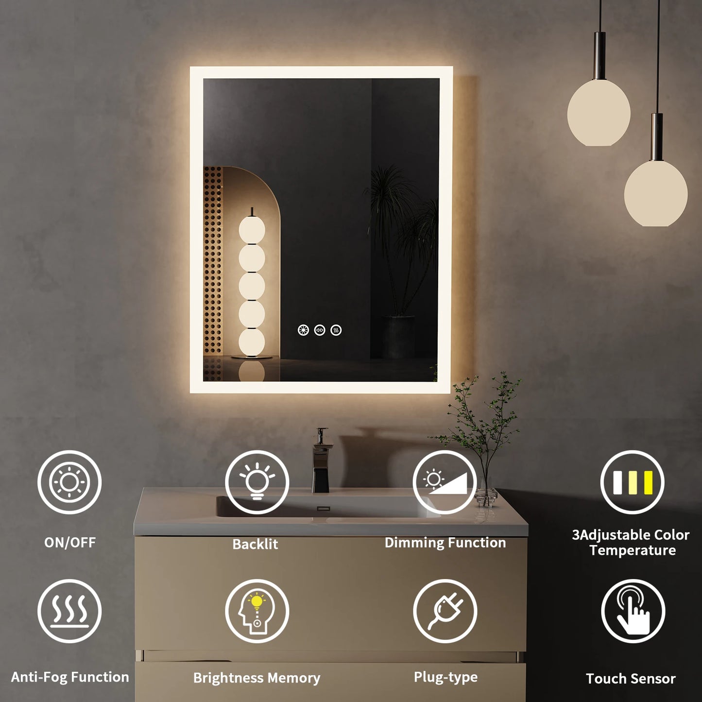 LED Lighted Mirror with Anti-Fog Smart Touch Button