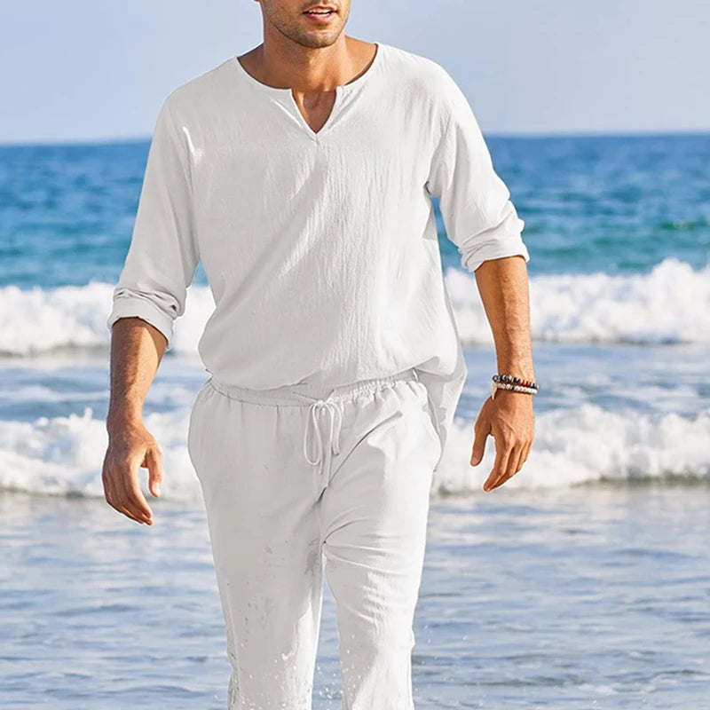 Long Sleeve Henley Shirt Elastic Waist Drawstring Pants 2 Pieces Loungewear Set