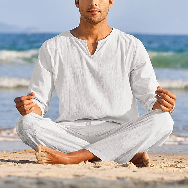 Long Sleeve Henley Shirt Elastic Waist Drawstring Pants 2 Pieces Loungewear Set
