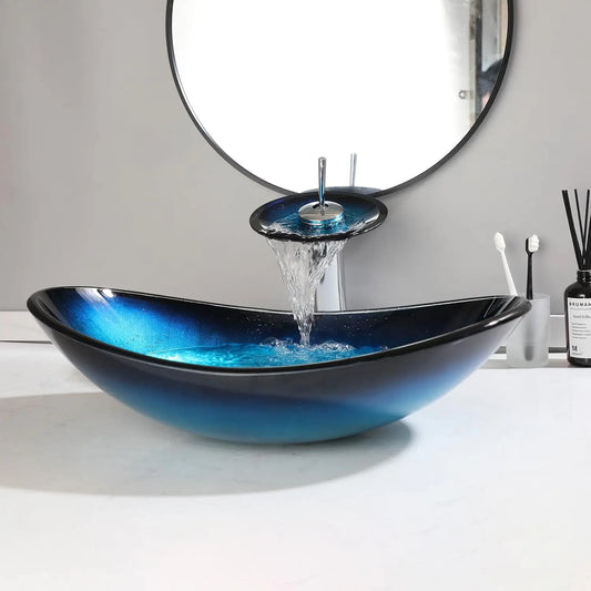 Blue Bathroom Glass Sinks Boat Shape Aboveer