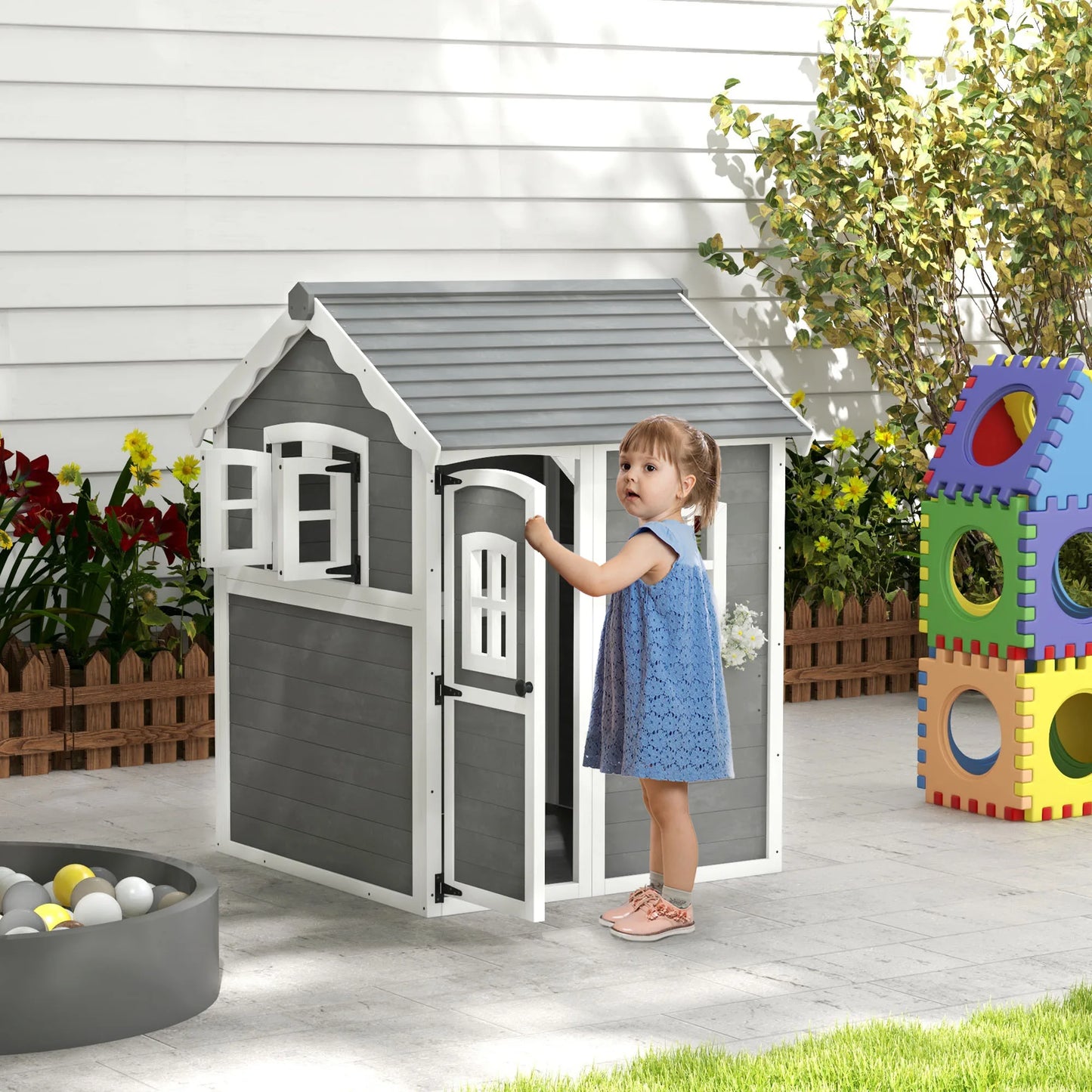 Playhouse for Kids, with Floor, Door, Windows & Planter Box
