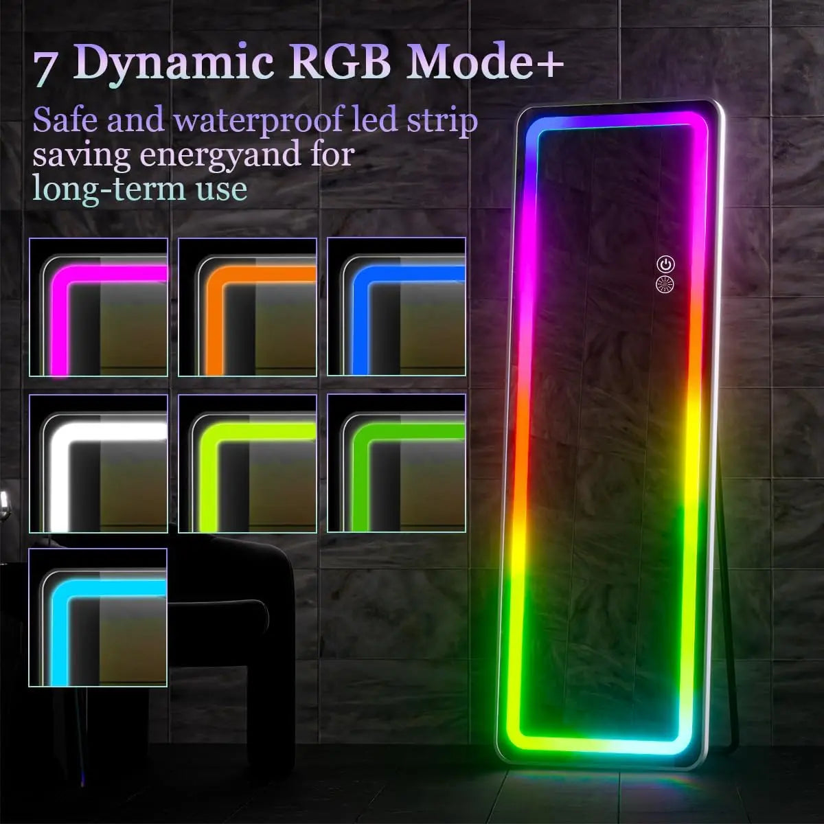 RGB Full Length Mirror, 60"x16" Full Body Mirror with LED Lights, Dimming & 7 Color