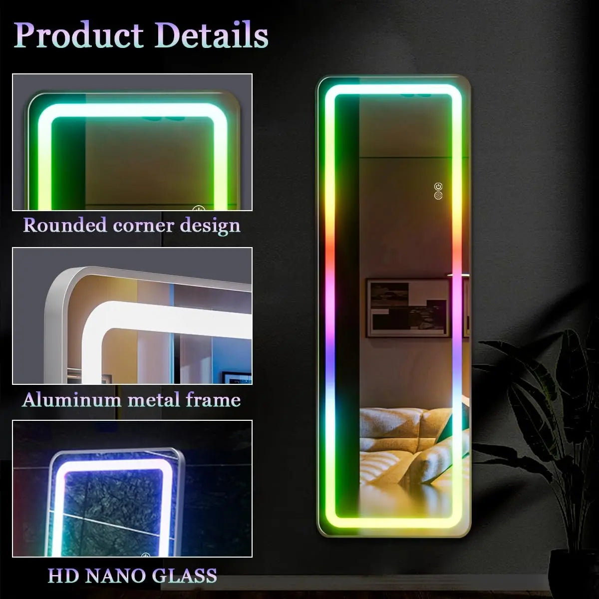 RGB Full Length Mirror, 60"x16" Full Body Mirror with LED Lights, Dimming & 7 Color