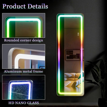 RGB Full Length Mirror, 60"x16" Full Body Mirror with LED Lights, Dimming & 7 Color