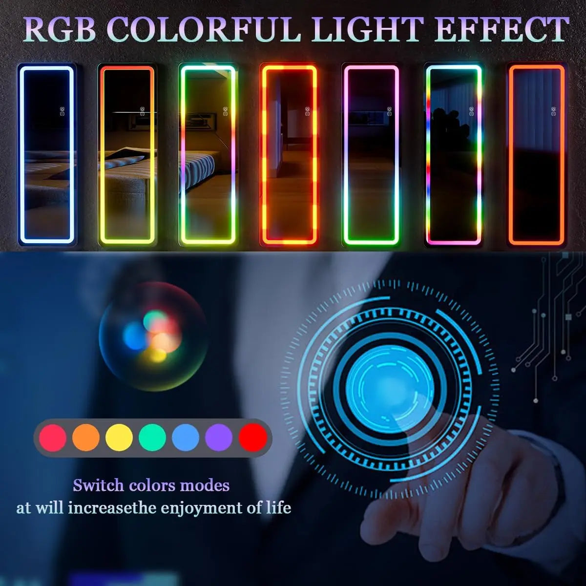 RGB Full Length Mirror, 60"x16" Full Body Mirror with LED Lights, Dimming & 7 Color