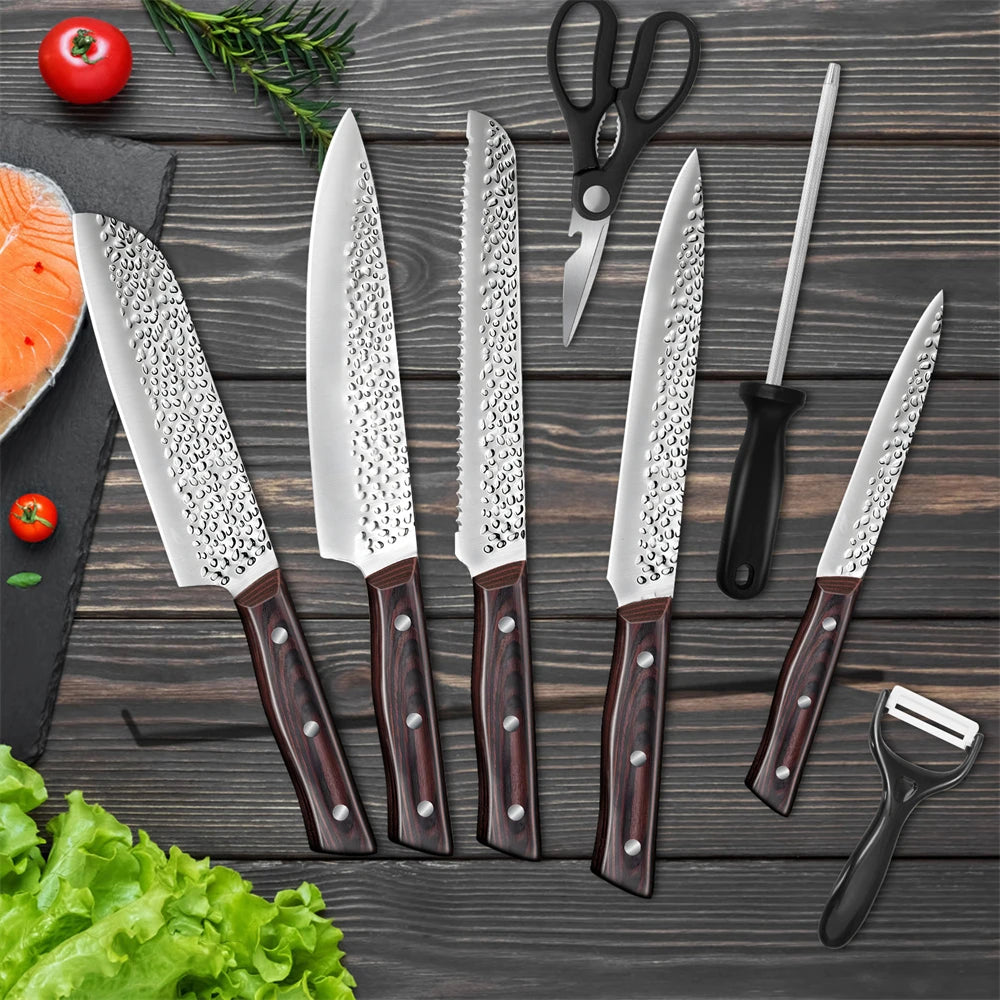 8pcs Chef Knife Set Hammer, Pattern Sharp Cutting