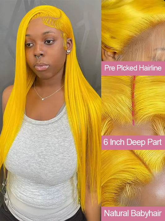 30 40 Inches Light Yellow Straight 13x6 HD Lace Frontal Wigs Human Hair