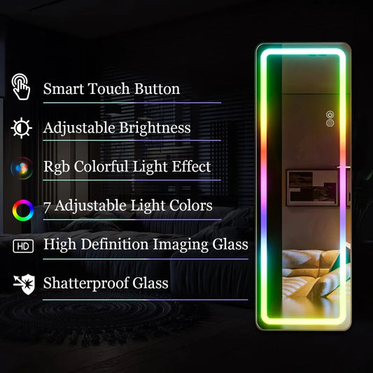 RGB Full Length Mirror, 60"x16" Full Body Mirror with LED Lights, Dimming & 7 Color