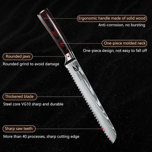 Knife Serrated Design  Stainless Blade Bread Chef with gift box