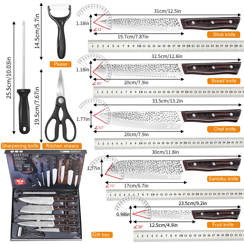 8pcs Chef Knife Set Hammer, Pattern Sharp Cutting