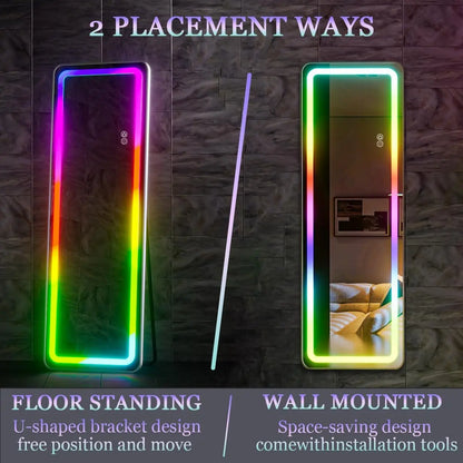 RGB Full Length Mirror, 60"x16" Full Body Mirror with LED Lights, Dimming & 7 Color