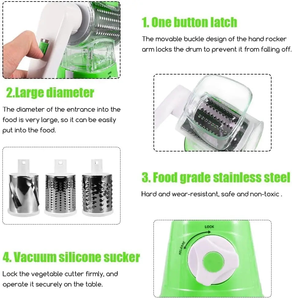 Grater for Vegetable Slicer with 3 Drum Blades,Fast Cutting Cheese Shredder